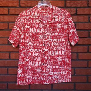 Vintage Hawaiian Shirt Mens M Red Pelele Hawaii Oahu Kauai Maui Palm Tree Button